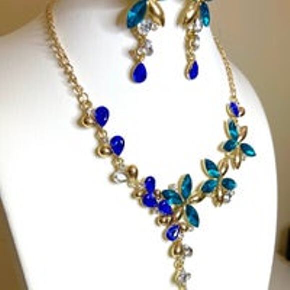 New Necklace Earrings Blue Rhinestones Choker 18" 20" jewelry set Lot M21 - Picture 3 of 5